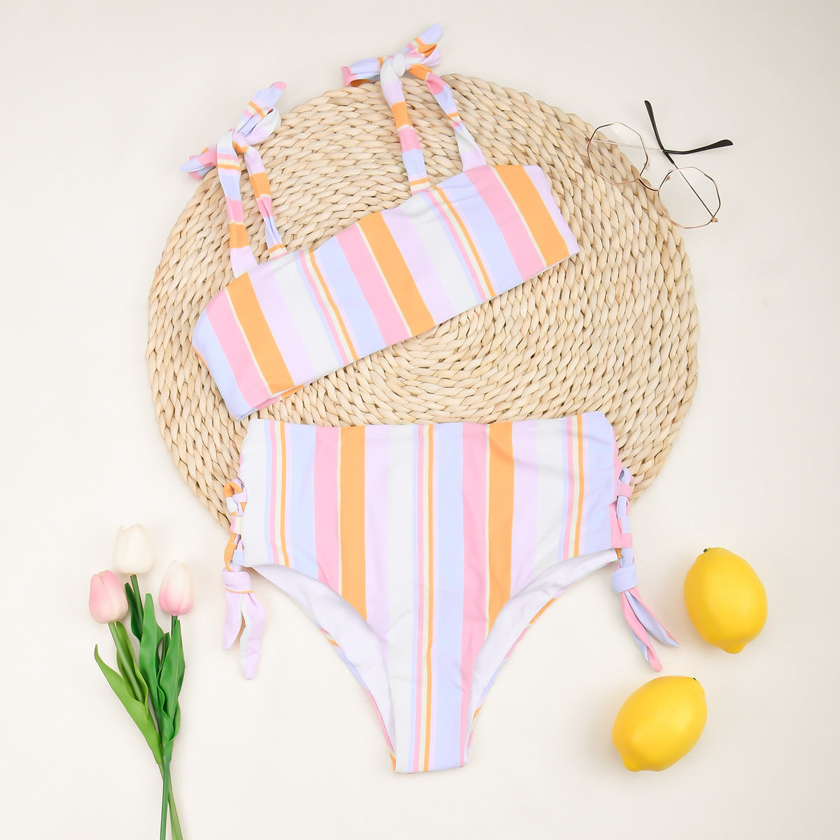 Ladies High Waist Split Striped Swimsuit Pink