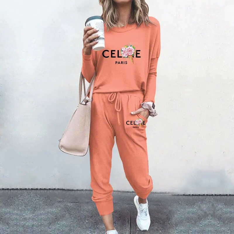 Ladies Luxury Fashion Pullover Sweatshirts Pants 2 Piece Sets Daily Home Tracksuits Women Casual Solid Hoodies Sweatpants Suits