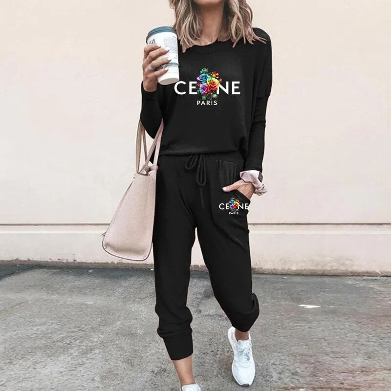 Ladies Luxury Fashion Pullover Sweatshirts Pants 2 Piece Sets Daily Home Tracksuits Women Casual Solid Hoodies Sweatpants Suits Black 3