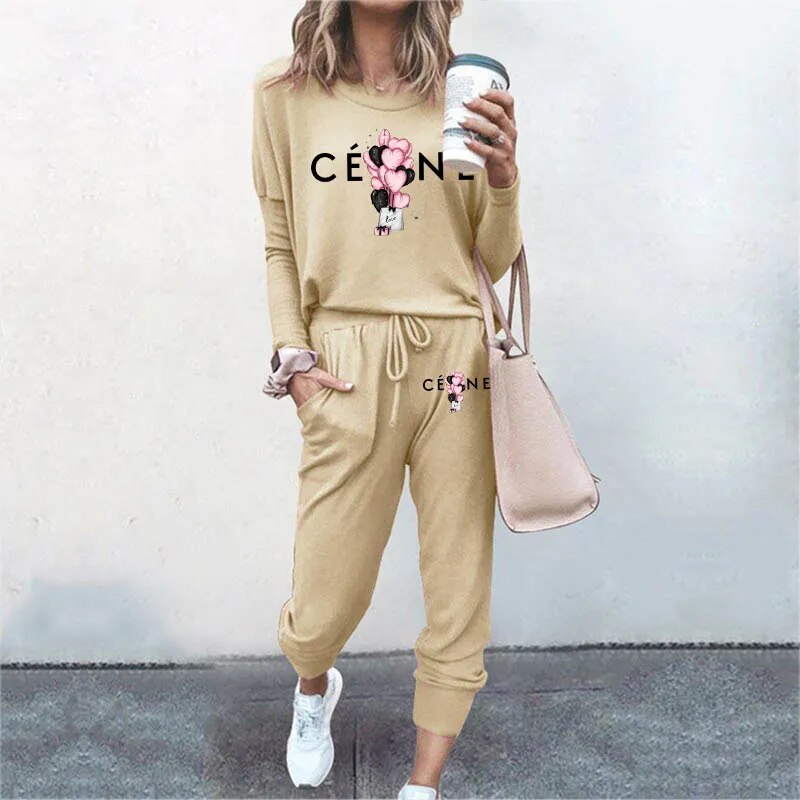 Ladies Luxury Fashion Pullover Sweatshirts Pants 2 Piece Sets Daily Home Tracksuits Women Casual Solid Hoodies Sweatpants Suits Khaki 1