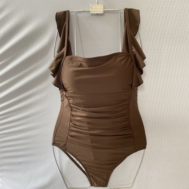 Ladies One-Piece Triangle Solid Color Sweet Ruffle Swimsuit Coffee M