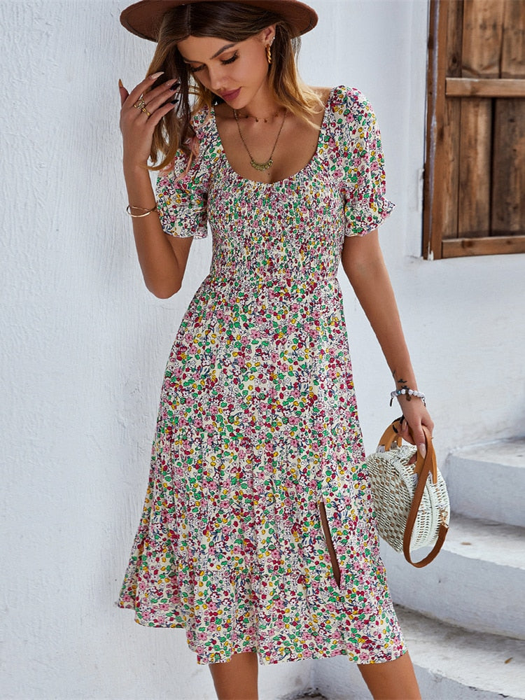 Ladies Sexy Vintage Floral Print Boho Summer Dress Casual Elastic Bohemian Apricot