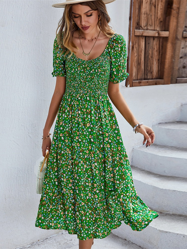 Ladies Sexy Vintage Floral Print Boho Summer Dress Casual Elastic Bohemian Green