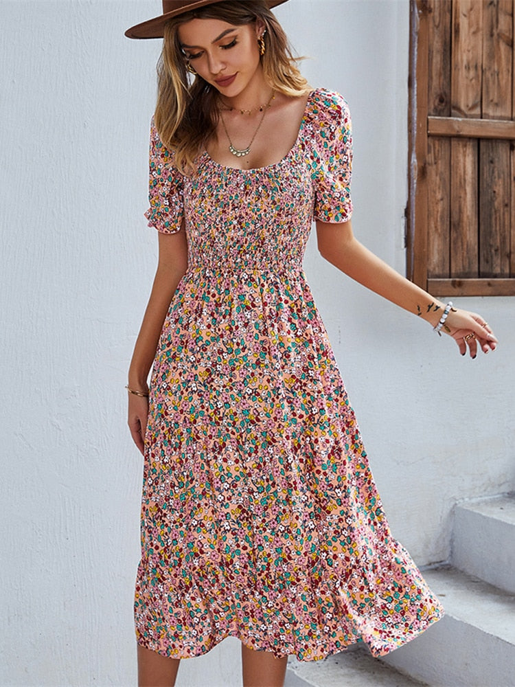 Ladies Sexy Vintage Floral Print Boho Summer Dress Casual Elastic Bohemian Pink