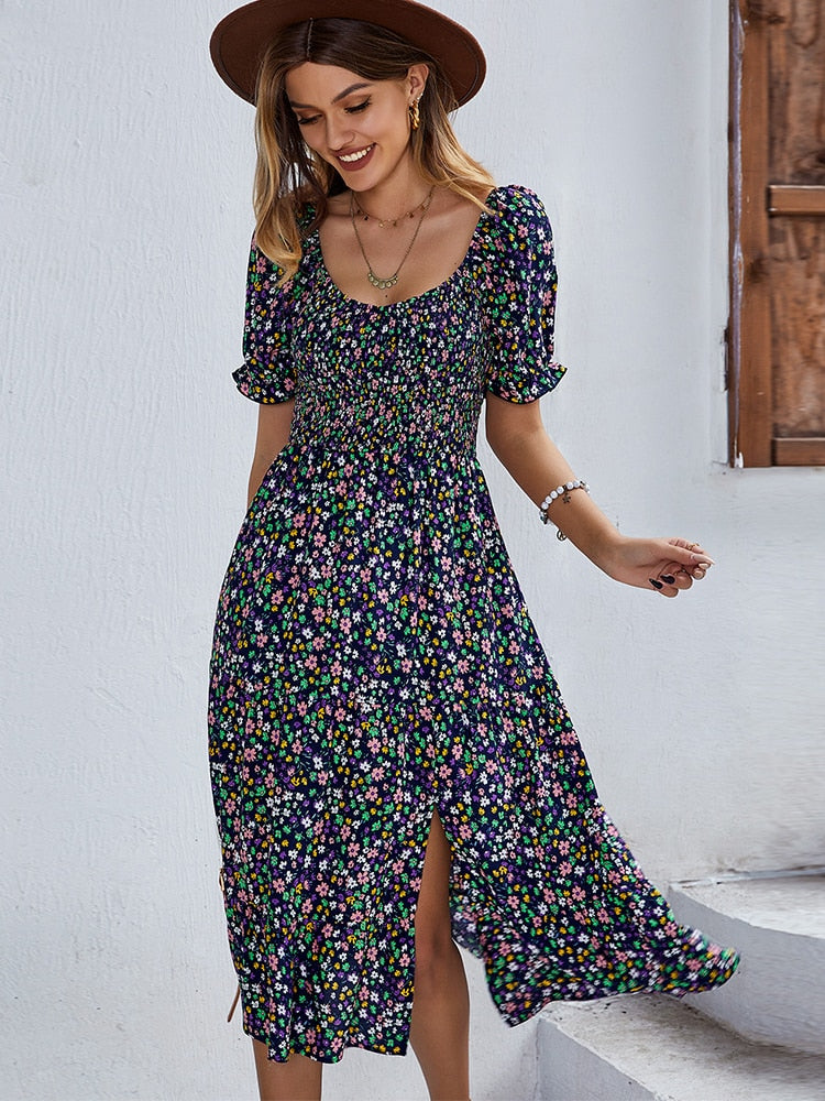 Ladies Sexy Vintage Floral Print Boho Summer Dress Casual Elastic Bohemian