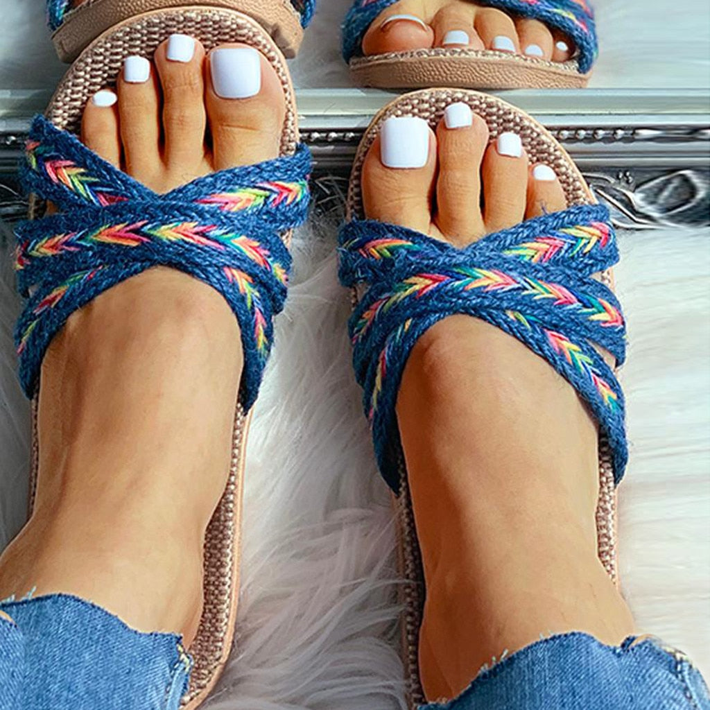 Ladies Slippers Home Slippers Women Summer Colorful Weave Cross Strap Round Toe Casual Open Toe Summer Fashion Slippers