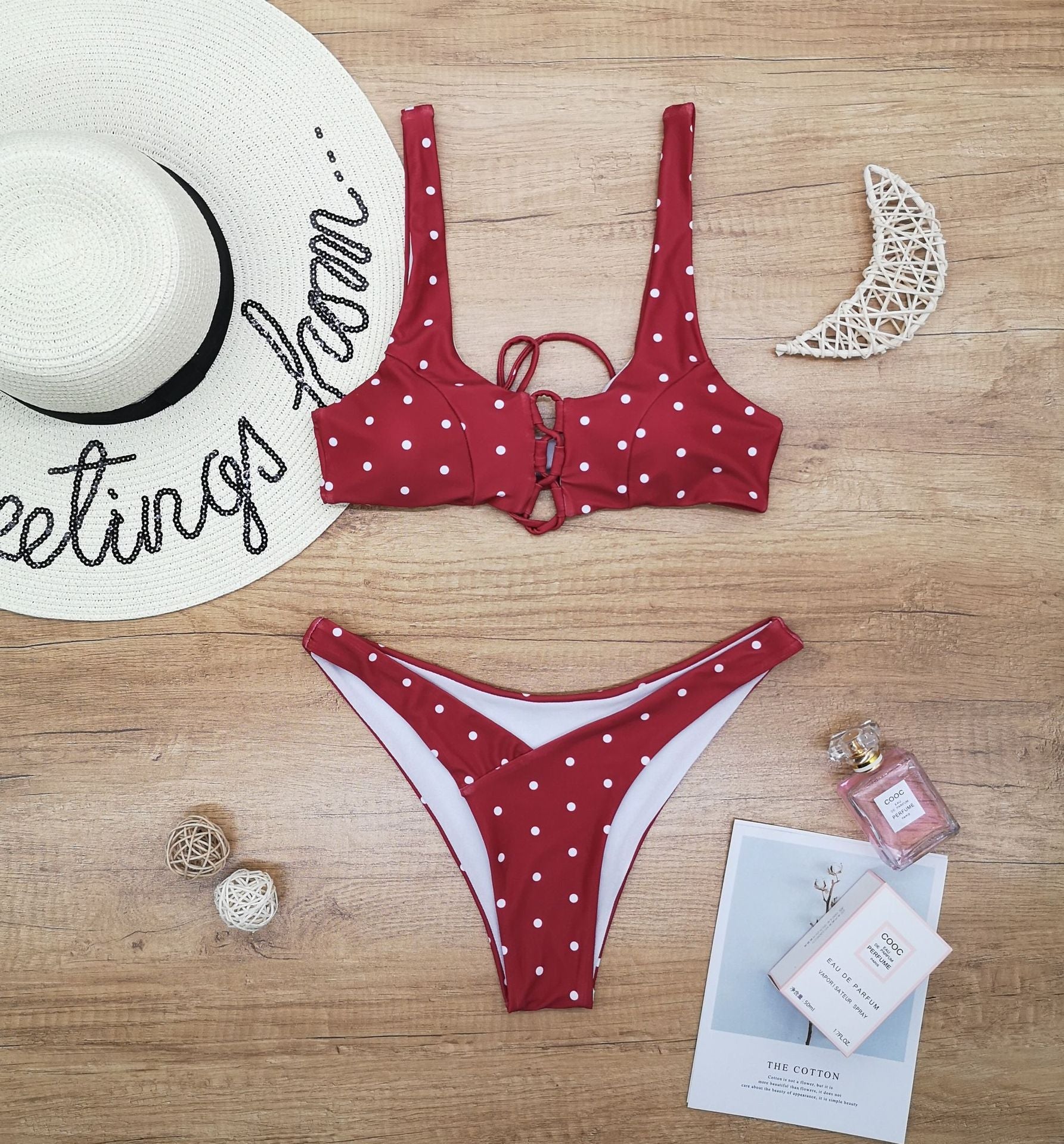 Ladies Split Polka Dot Print Swimsuit Swimwear Red