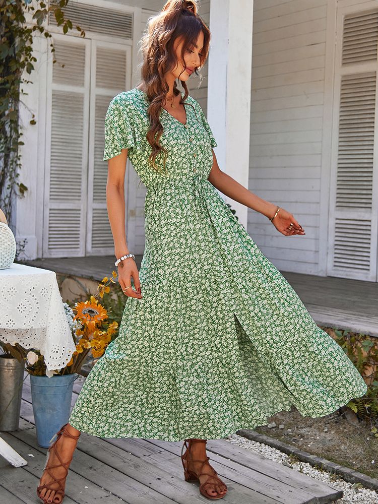 Ladies Vintage Long Floral Print Summer Dress Loose Casual Button Bohemian Beach Dress Women Sundress Robe Vestidos Female