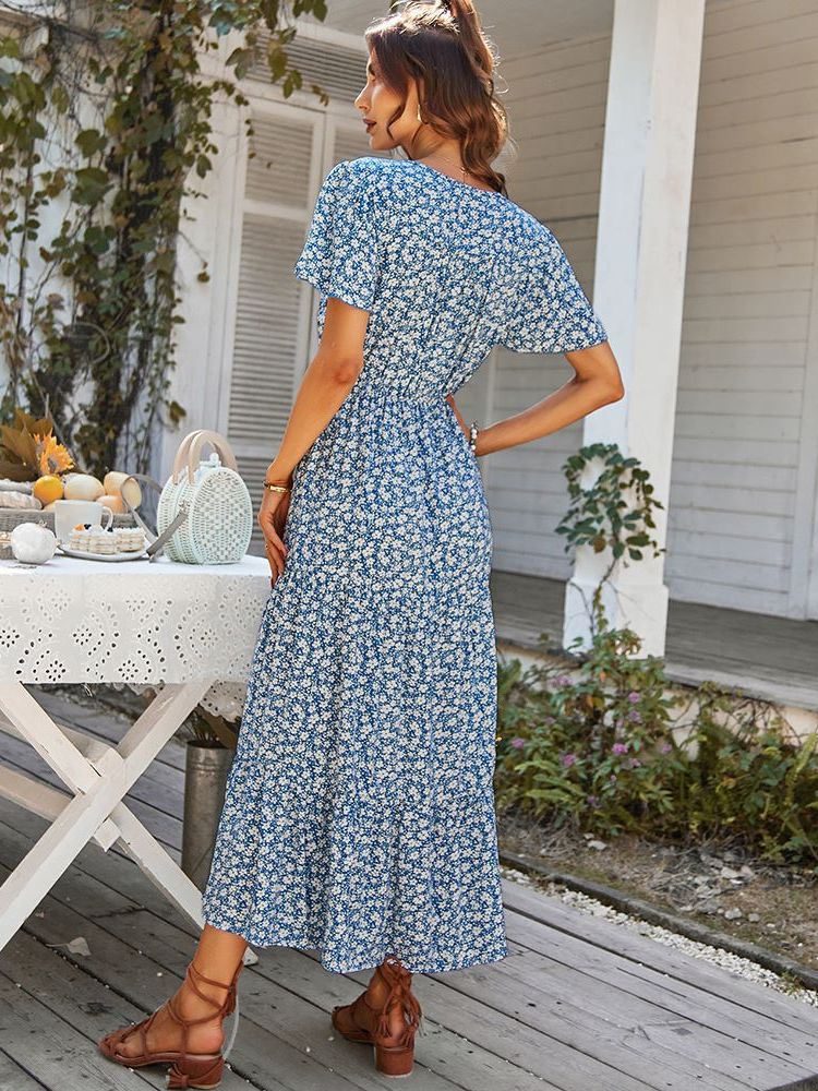 Ladies Vintage Long Floral Print Summer Dress Loose Casual Button Bohemian Beach Dress Women Sundress Robe Vestidos Female