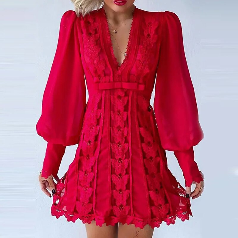 Lantern Sleeve Butterfly Lace Dress Sexy White Summer Clothes For Women Vestido Elegant Women Fashion Daily Work Mini Dr