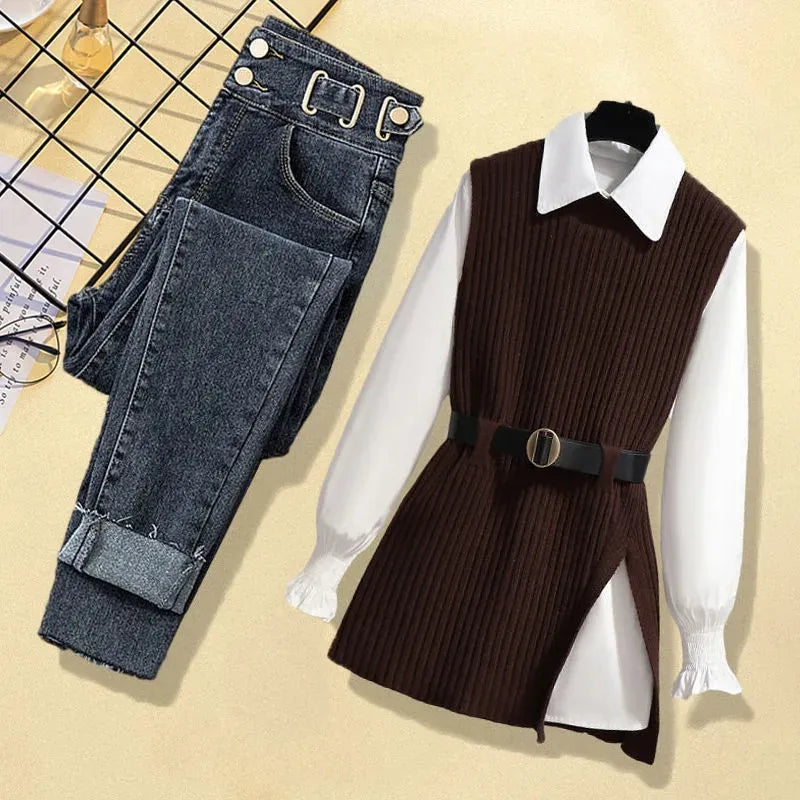 Large Autumn and Winter Suit for Women 2024 New Korean Fashion Knitted Vest Shirt Casual Slim Jeans Three Piece Set A three-piece suit 4