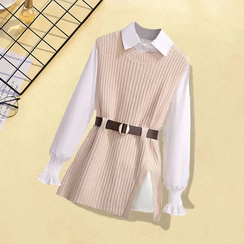 Large Autumn and Winter Suit for Women 2024 New Korean Fashion Knitted Vest Shirt Casual Slim Jeans Three Piece Set Apricot top