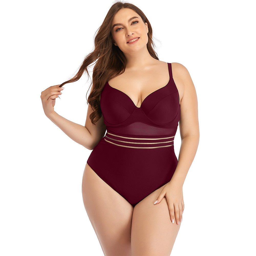 Large Size Swimsuits - One Piece Plus Size Bikini Set Swimwear Sexy Swim Suit Beachwear Bathing Suit Swimwear Monokini dark red