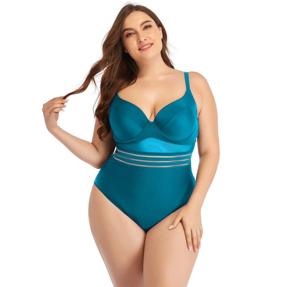 Large Size Swimsuits - One Piece Plus Size Bikini Set Swimwear Sexy Swim Suit Beachwear Bathing Suit Swimwear Monokini Blue