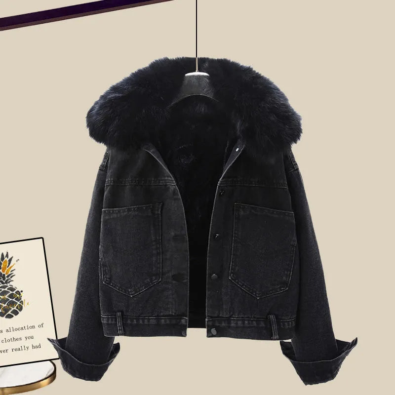 Large Size Women Winter Warm suit Fashion denim jacket and knitting Top+pant Three piece set Jacket Sportwear Big Matching 4XL black coat