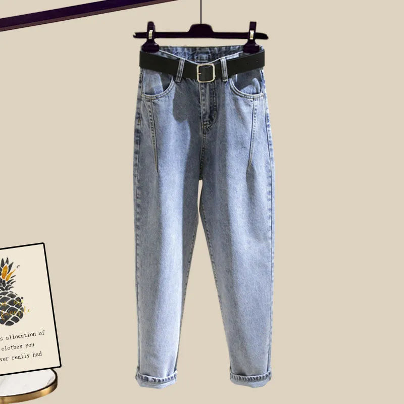 Large Size Women Winter Warm suit Fashion denim jacket and knitting Top+pant Three piece set Jacket Sportwear Big Matching 4XL blue jeans