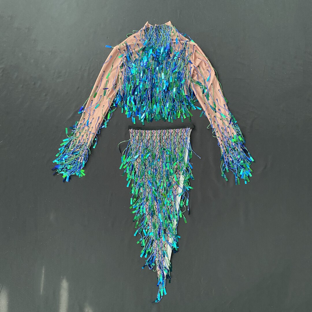 Latin Dance Costume Sequin Fringe Tassel Stage Outfit Dress for Women Ballroom Competition Dresses Night Party Clubwear Blue