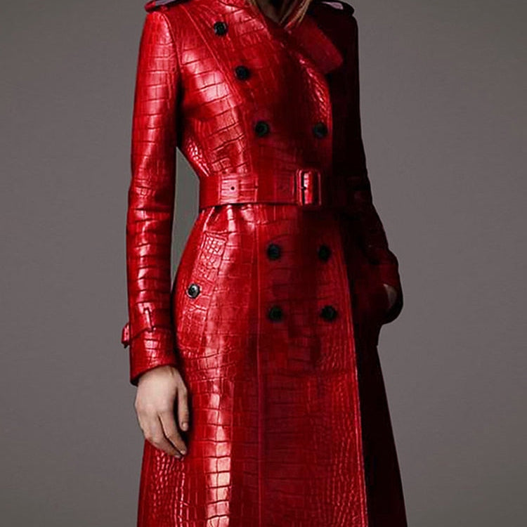 Lautaro Autumn Long Red Crocodile Print Leather Trench Coat for Women Belt Double Breasted Elegant British Style Fashion 2021