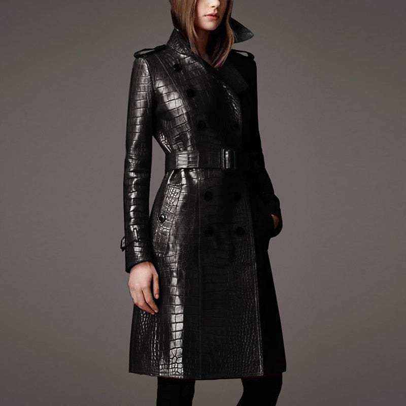 Lautaro Autumn Long Red Crocodile Print Leather Trench Coat for Women Belt Double Breasted Elegant British Style Fashion 2021 Black