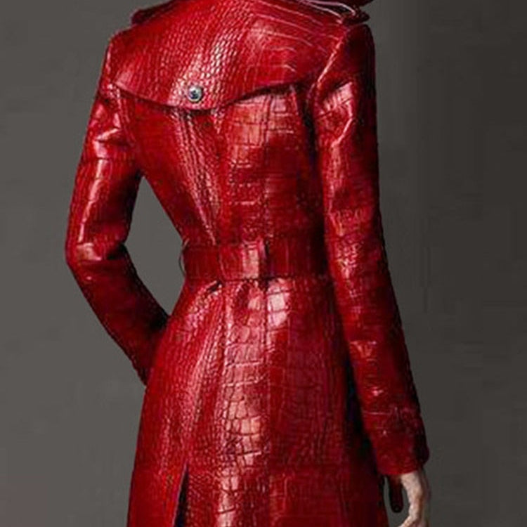 Lautaro Autumn Long Red Crocodile Print Leather Trench Coat for Women Belt Double Breasted Elegant British Style Fashion 2021