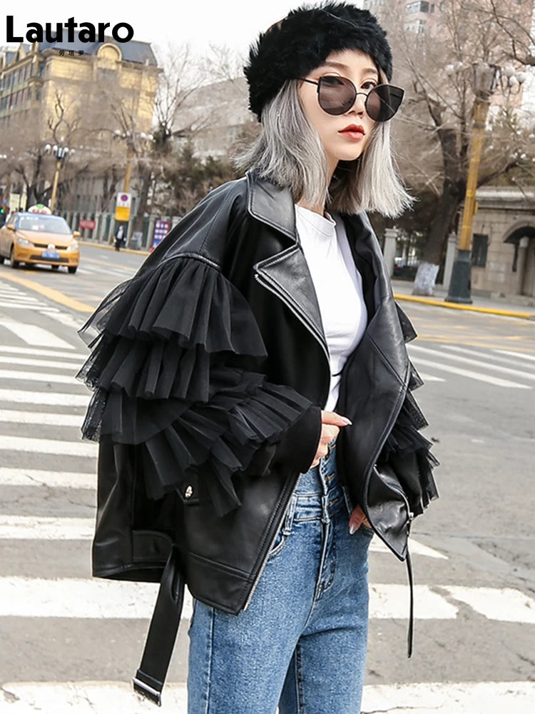 Lautaro Autumn Short Black Oversized Lace Patchwork Leather Biker Jacket Long Sleeve Loose Womans Clothing Fashionable Outerwear