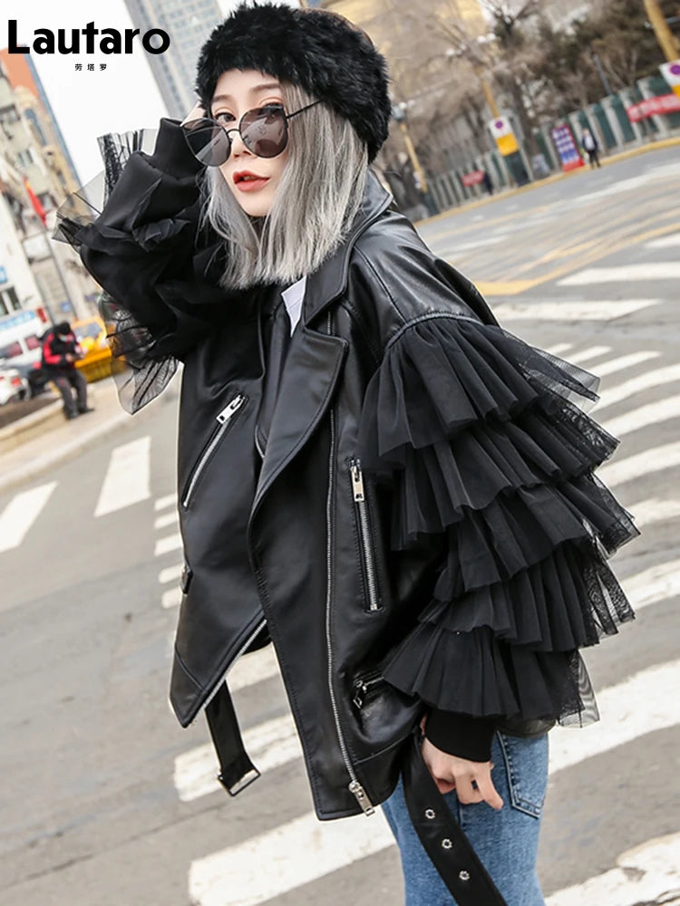 Lautaro Autumn Short Black Oversized Lace Patchwork Leather Biker Jacket Long Sleeve Loose Womans Clothing Fashionable Outerwear