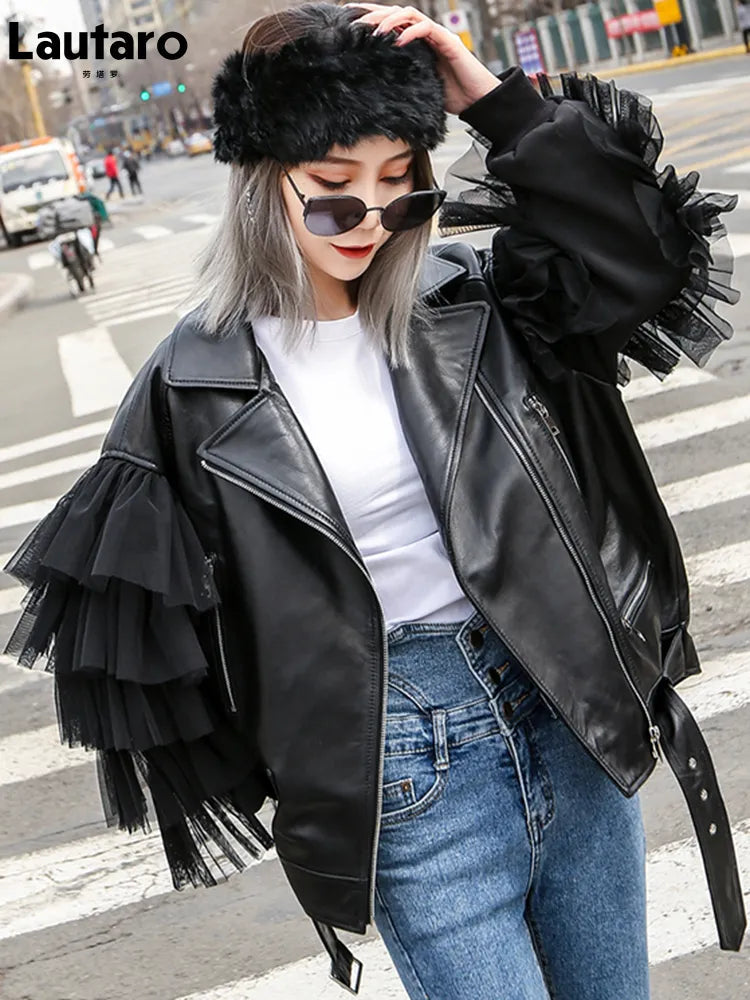 Lautaro Autumn Short Black Oversized Lace Patchwork Leather Biker Jacket Long Sleeve Loose Womans Clothing Fashionable Outerwear