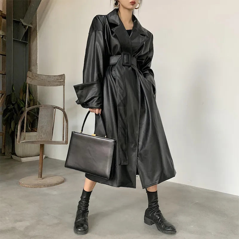 Lautaro Long oversized leather trench coat for women long sleeve lapel loose fit Fall Stylish black women clothing streetwear Black