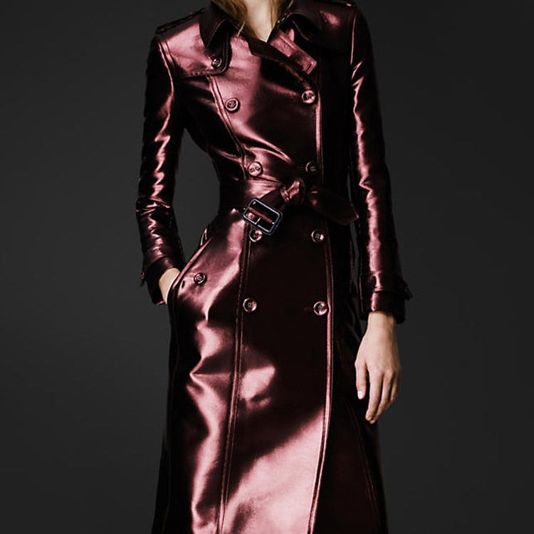 Lautaro Spring Autumn Long Shiny Reflective Patent Leather Trench Coat for Women Belt Double Breasted Cool European Fashion 2022