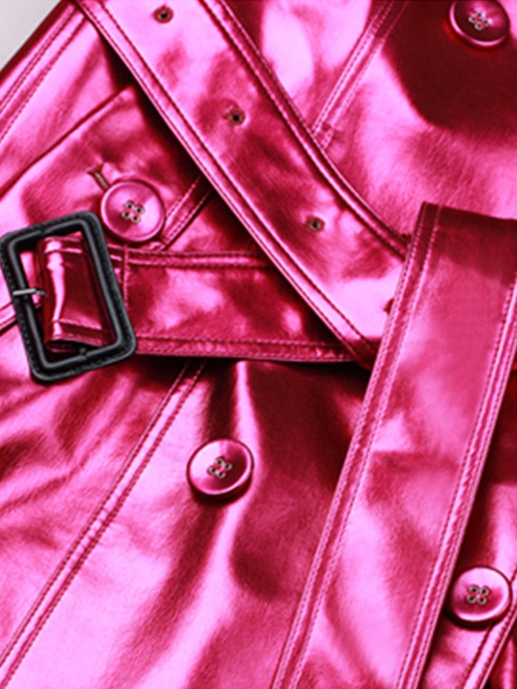 Lautaro Spring Autumn Long Shiny Reflective Patent Leather Trench Coat for Women Belt Double Breasted Cool European Fashion 2022