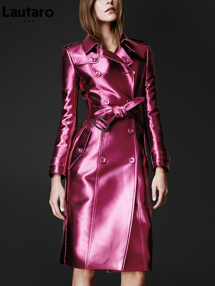Lautaro Spring Autumn Long Shiny Reflective Patent Leather Trench Coat for Women Belt Double Breasted Cool European Fashion 2022