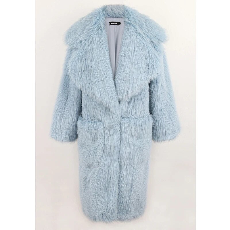 Lautaro Winter Long Oversized Pink Thick Warm Soft Shaggy Fluffy Faux Fur Coat Women Pockets Lapel Loose Sweet Cute Fashion 2022 Blue