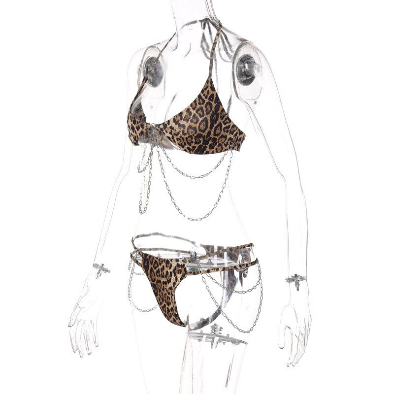 Leopard Stripe Halter Lace Up Side Bikini Swimsuit