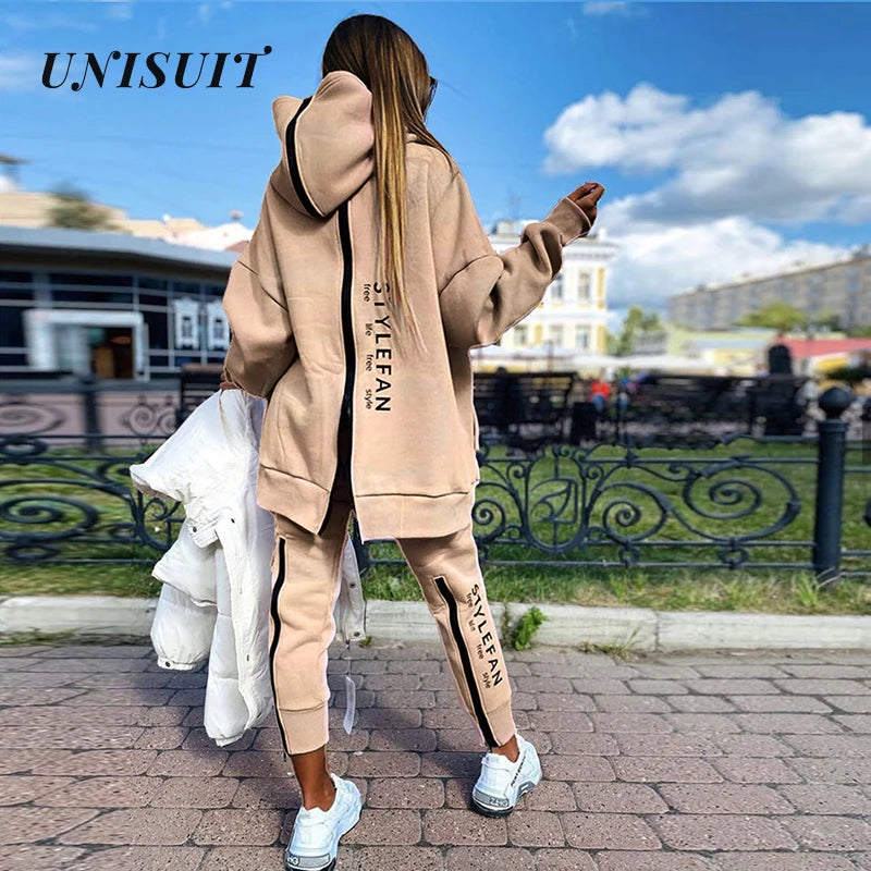 Letter Printing Long Sweater Sweatpants Autumn Fashion Casual Loose Suit 2 Pcs Running Tracksuit Women Fitness Clothing Khaki