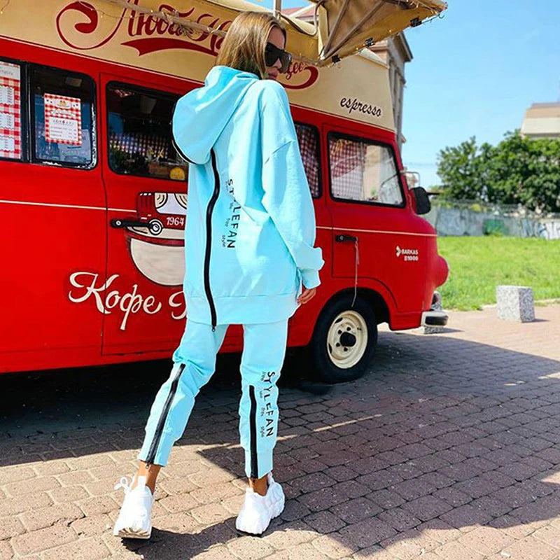 Letter Printing Long Sweater Sweatpants Autumn Fashion Casual Loose Suit 2 Pcs Running Tracksuit Women Fitness Clothing Blue
