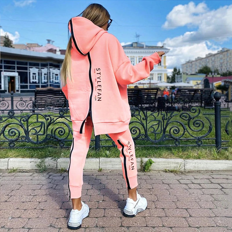 Letter Printing Long Sweater Sweatpants Autumn Fashion Casual Loose Suit 2 Pcs Running Tracksuit Women Fitness Clothing Pink