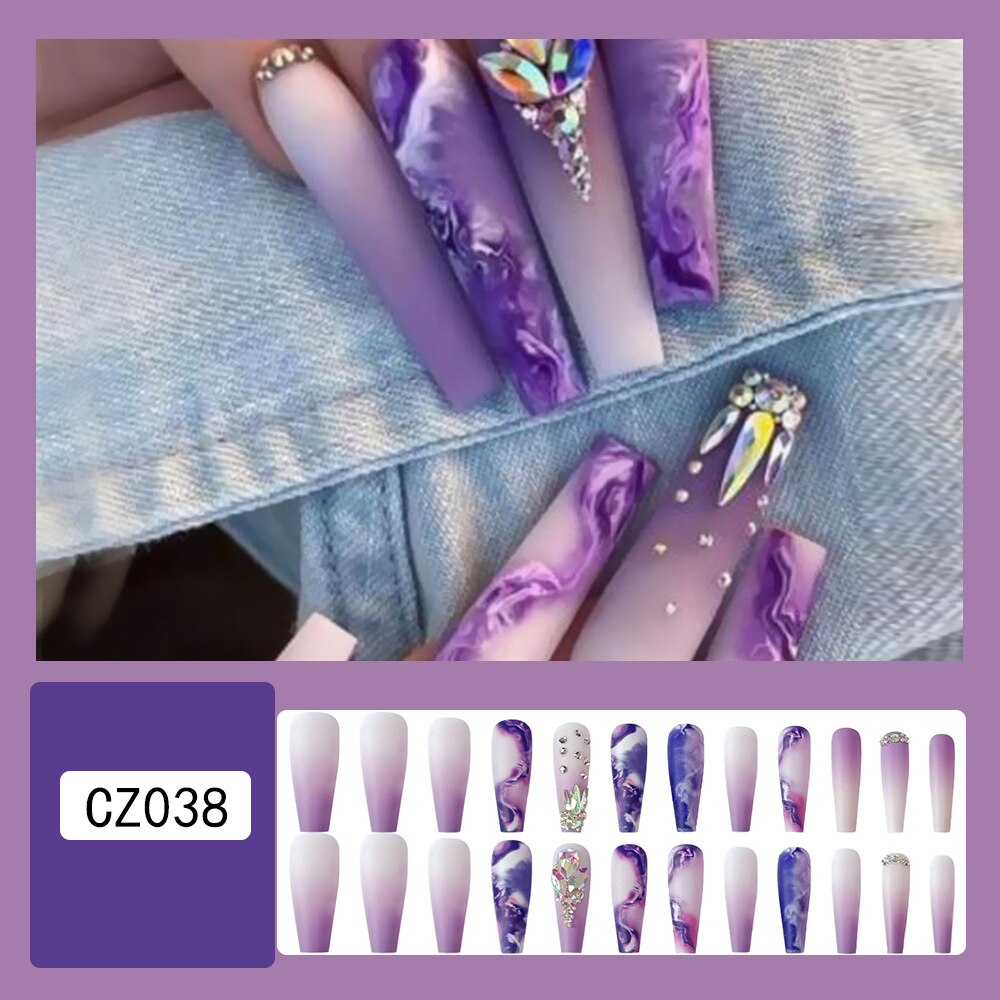 Light Luxury Violet strobe fake nails with glitter diamond press on nails accessories faux ongles long french coffin nail tips Default Title