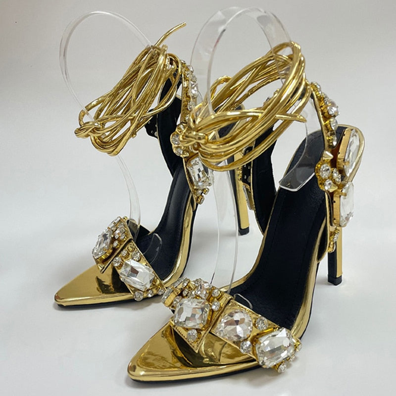 Liyke Sexy Ankle Strap Golded Sandals Women Party Nightclub Stripper Heels Crystal Diamond Pointed Toe Wedding Shoe 11CM Golden