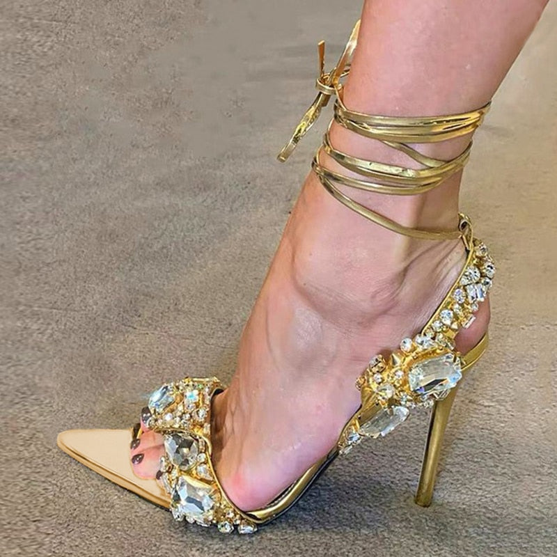 Liyke Sexy Ankle Strap Golded Sandals Women Party Nightclub Stripper Heels Crystal Diamond Pointed Toe Wedding Shoe