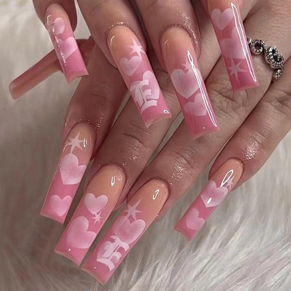 Long Pink Heart Coffin False Nails Star Shiny Pattern Design Ballerina Fake Nails Manicure Full Cover Nail Tips Press On Nails 1