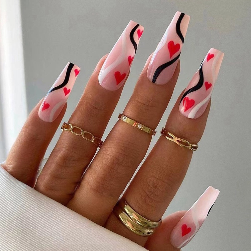 Long Pink Heart Coffin False Nails Star Shiny Pattern Design Ballerina Fake Nails Manicure Full Cover Nail Tips Press On Nails 4