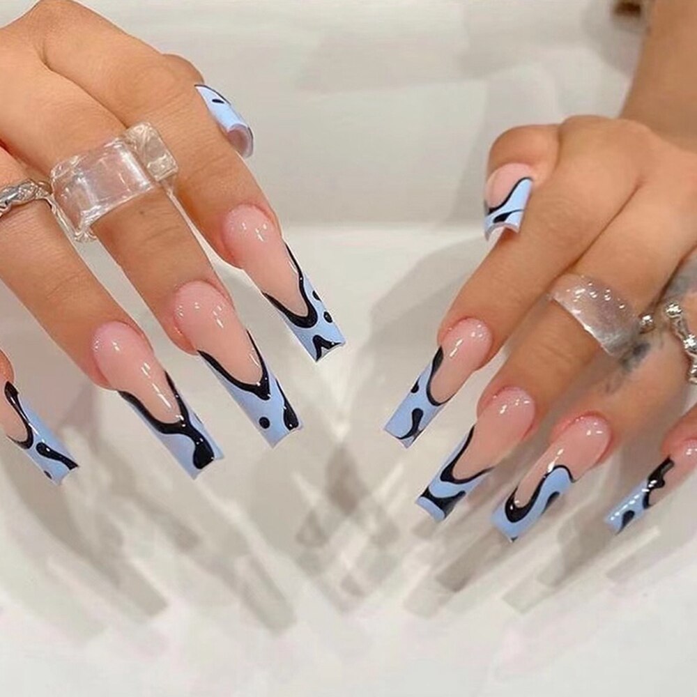 Long Pink Heart Coffin False Nails Star Shiny Pattern Design Ballerina Fake Nails Manicure Full Cover Nail Tips Press On Nails 3