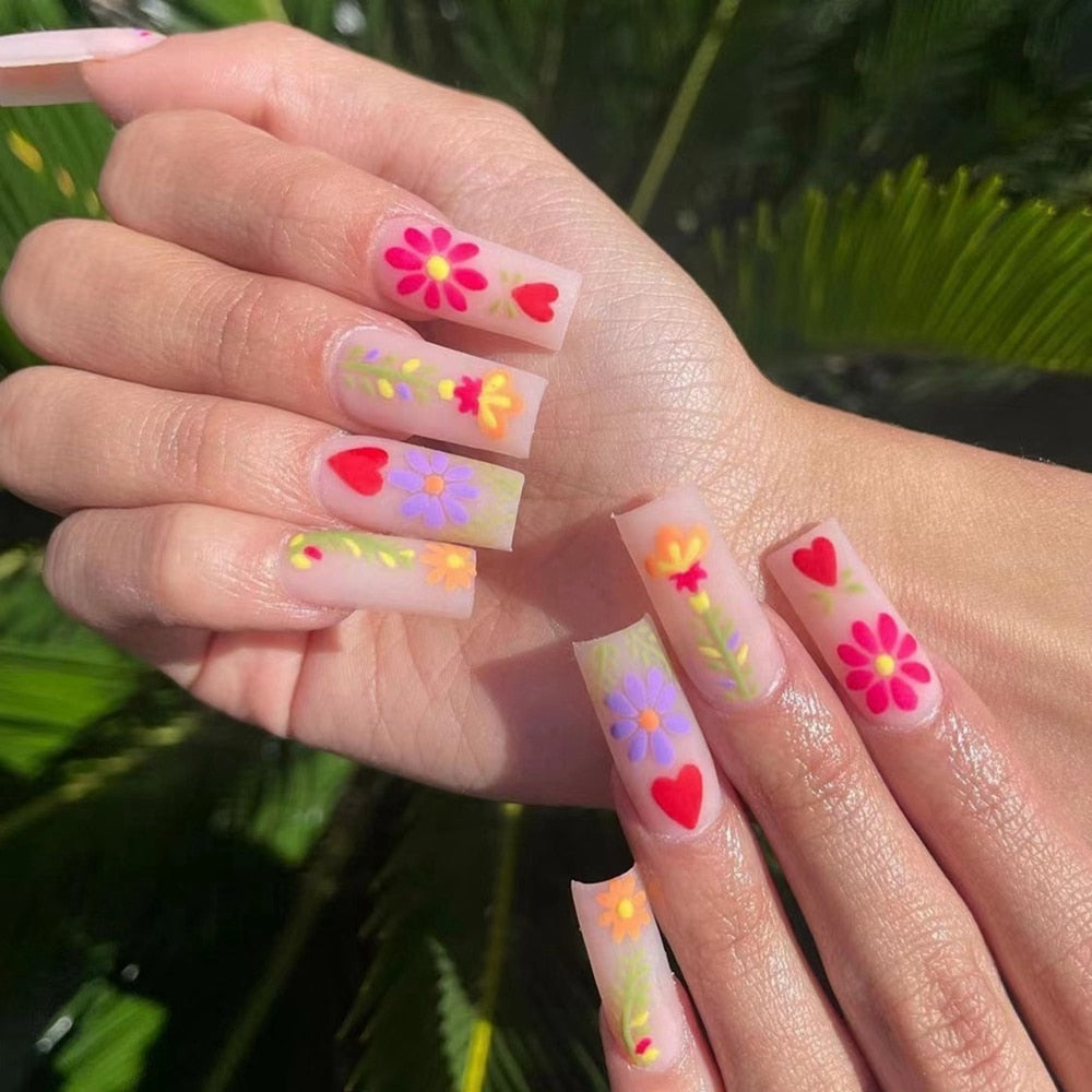 Long Pink Heart Coffin False Nails Star Shiny Pattern Design Ballerina Fake Nails Manicure Full Cover Nail Tips Press On Nails 2