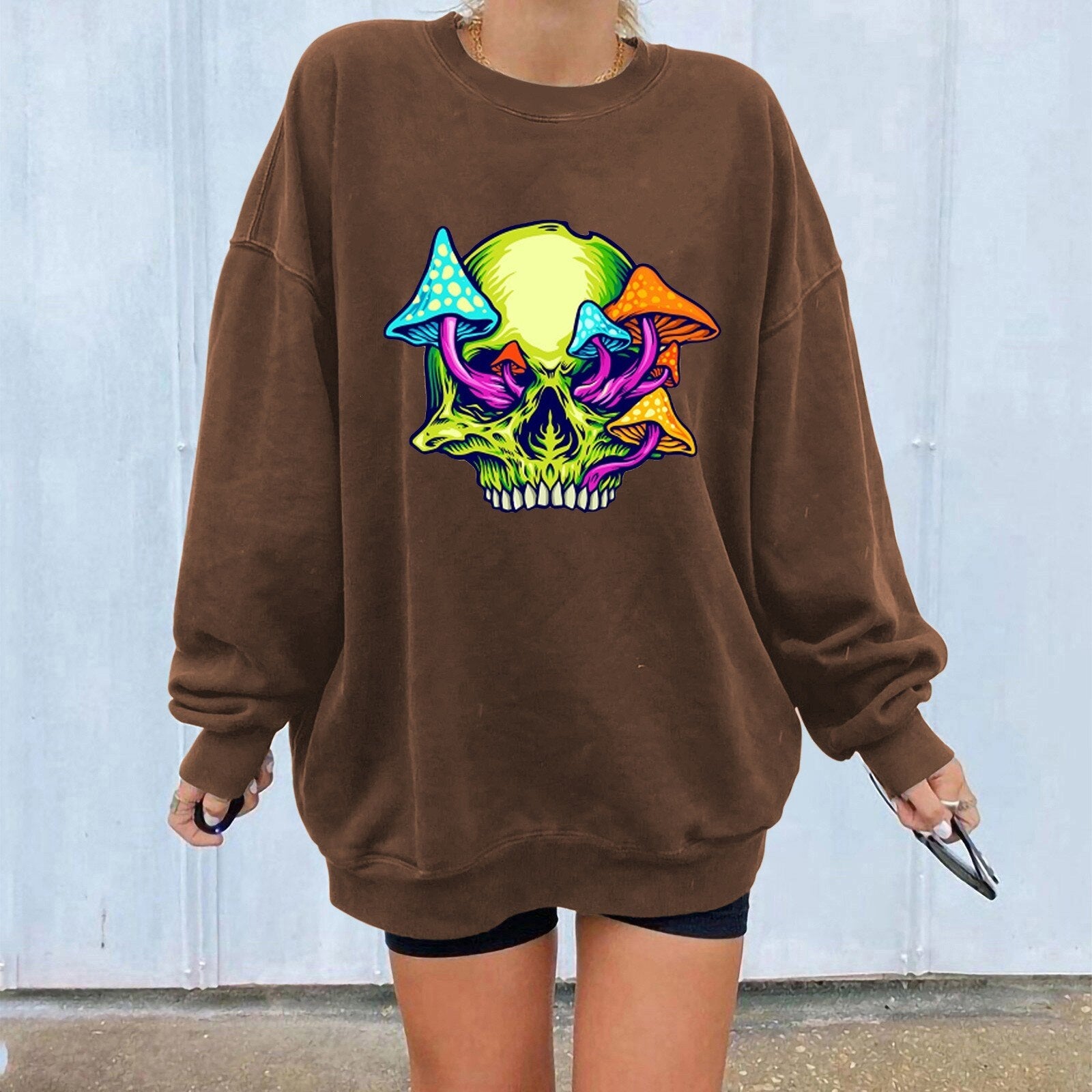 Long Print Sleeve Skeleton Top Sweater Long h Women's Loose Halloween O-neck Zip up Velour Hoodie Sweatshirt Women Trendy Coffee