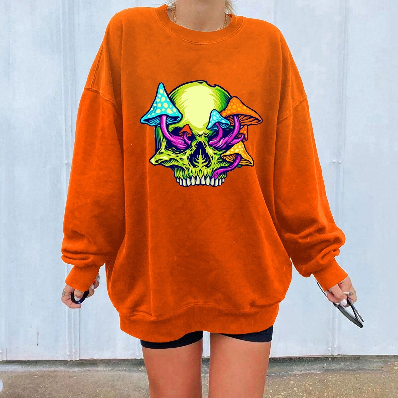Long Print Sleeve Skeleton Top Sweater Long h Women's Loose Halloween O-neck Zip up Velour Hoodie Sweatshirt Women Trendy Orange
