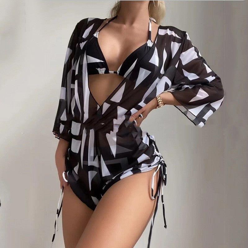 Long Sleeved Net Yarn Swimsuit Women's Draw Rope Sunscreen Smock Three-piece Bikini Black