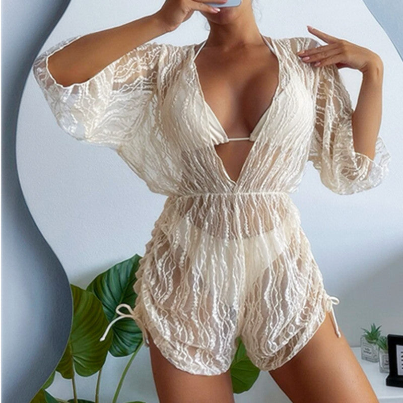 Long Sleeved Net Yarn Swimsuit Women's Draw Rope Sunscreen Smock Three-piece Bikini Beige
