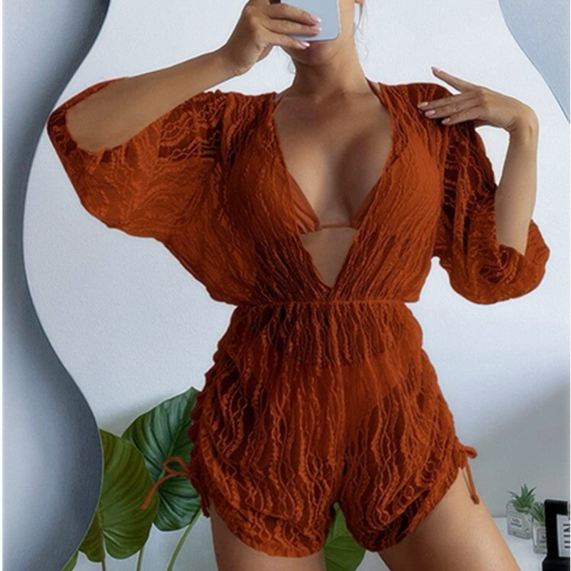 Long Sleeved Net Yarn Swimsuit Women's Draw Rope Sunscreen Smock Three-piece Bikini Brown