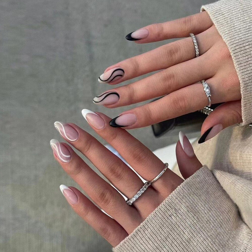 Long Stiletto False Nails Black Edge French Gold Thread Black Rhinestones Design Wearable Fake Nails Press On Nails Manicure Tip 2023-1