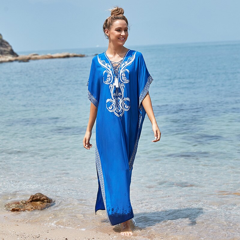 Loose Kaftan Swimsuit Cover Up Beach Long Casual Caftan Dress 1597 One Size